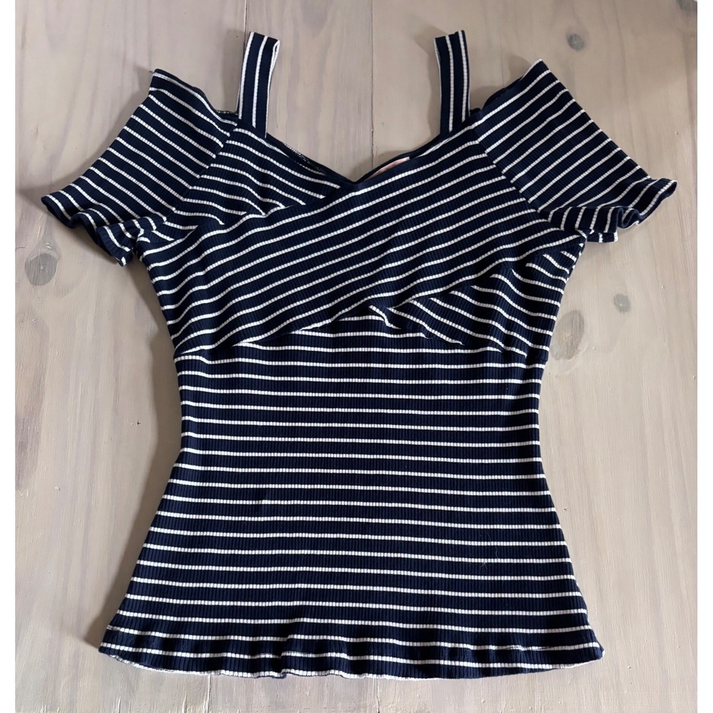 Gibson‎ Latimer Womens XL Navy Blue White Striped Cold Shoulder Ribbed Knit Top